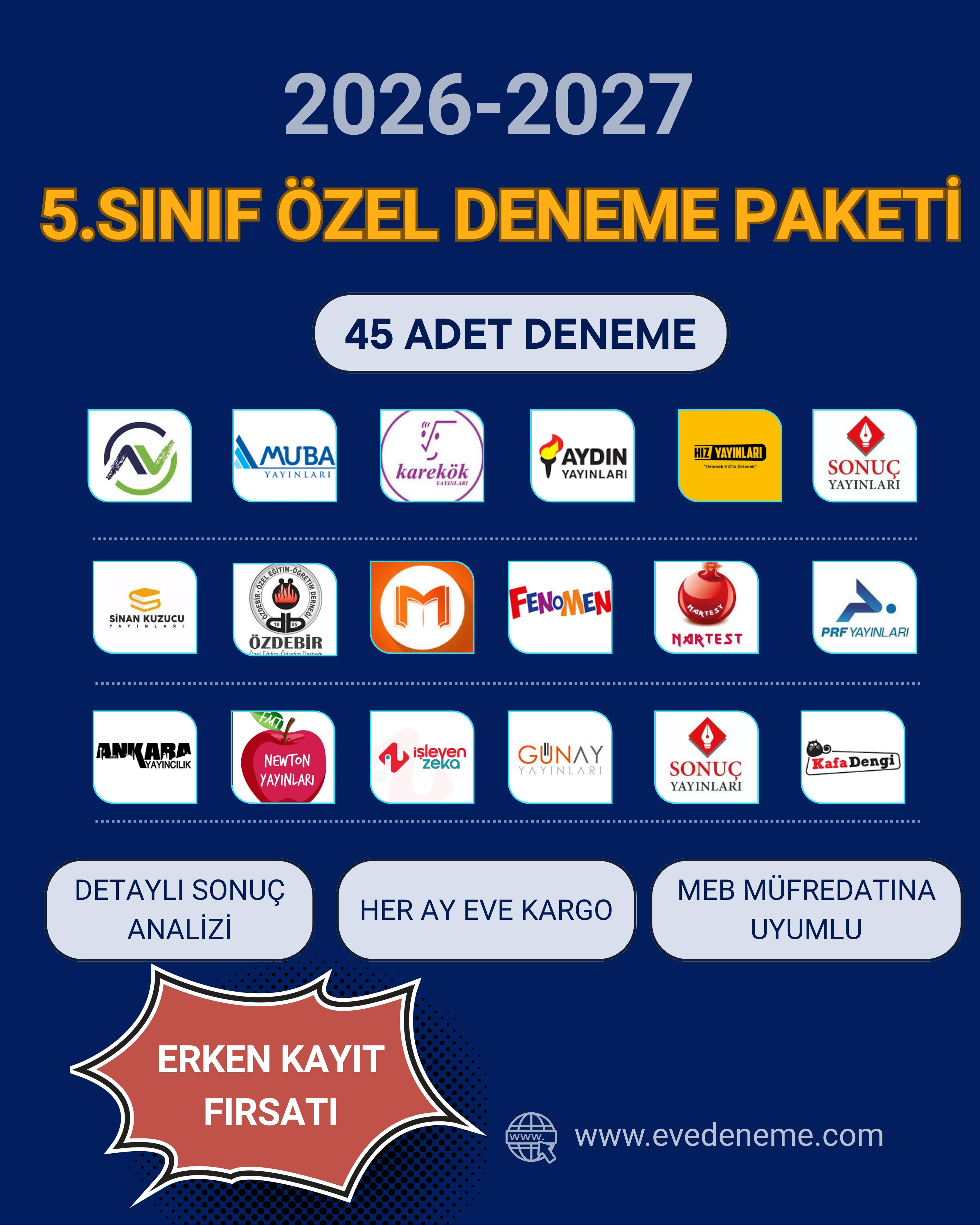 5. Sınıf 2026-2027 Yıllık 45’li Deneme Paketi | Evde Deneme Sistemi